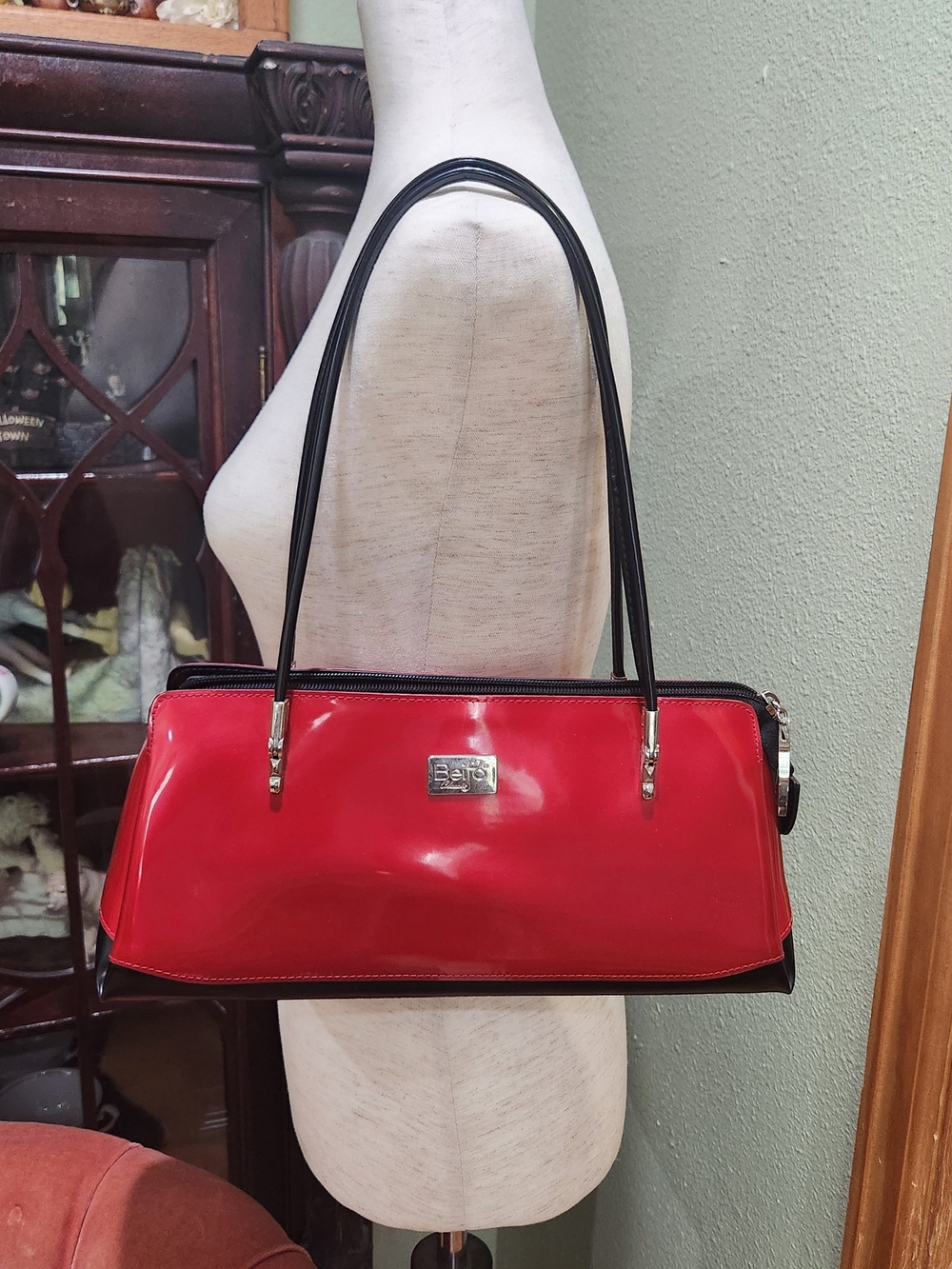 Red Beijo Patent Shoulder Bag with Black Handles